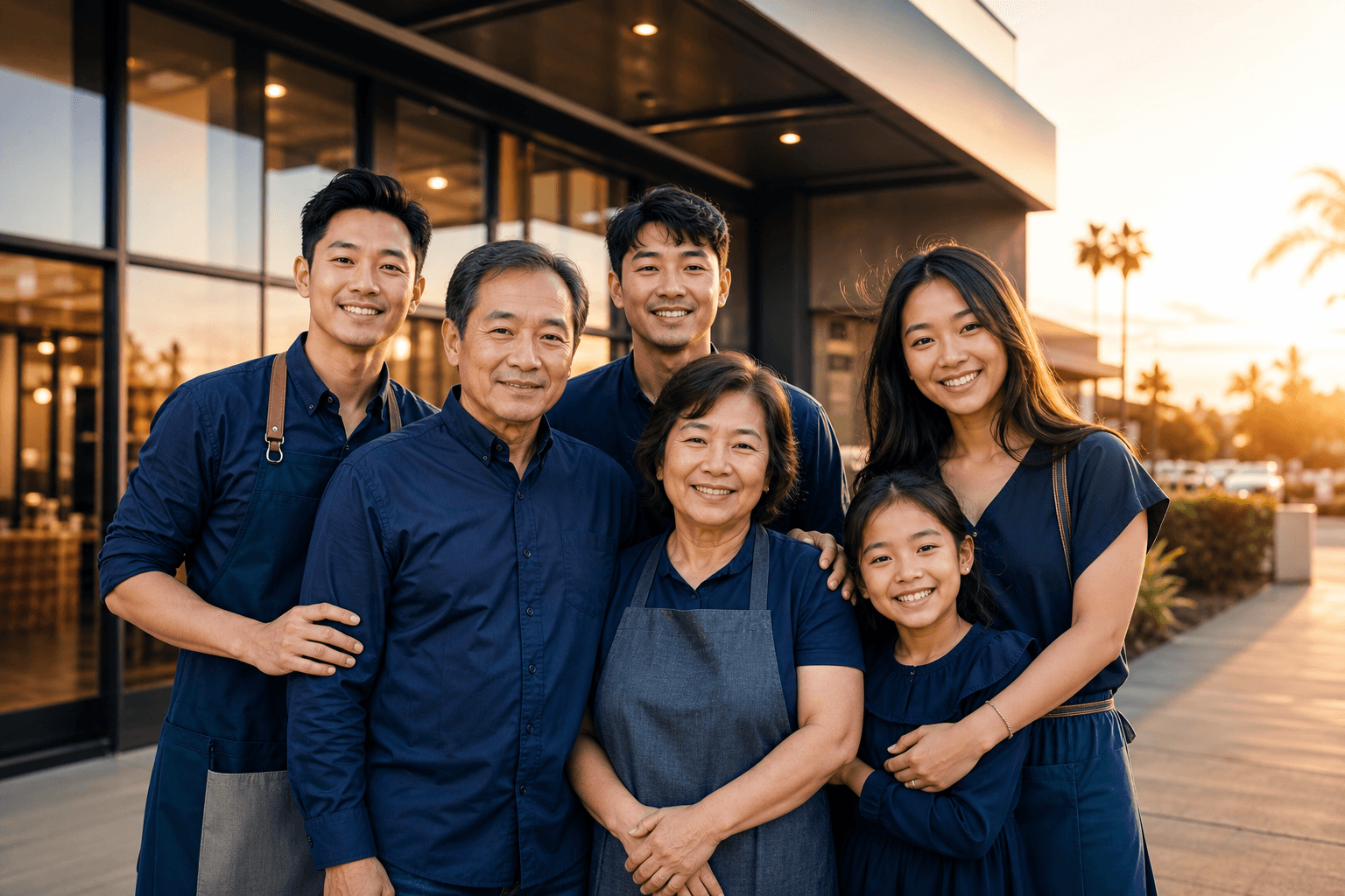 A Vietnamese-American family in front of their Orange County business