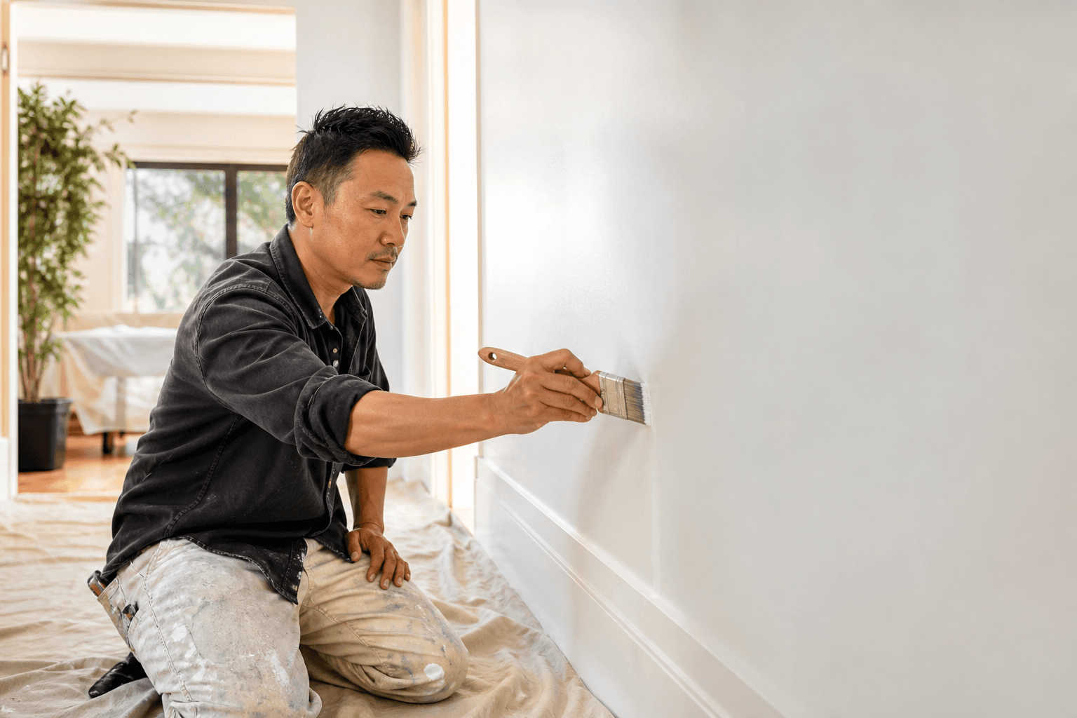 A painter calmly cutting a clean edge, steady work in progress