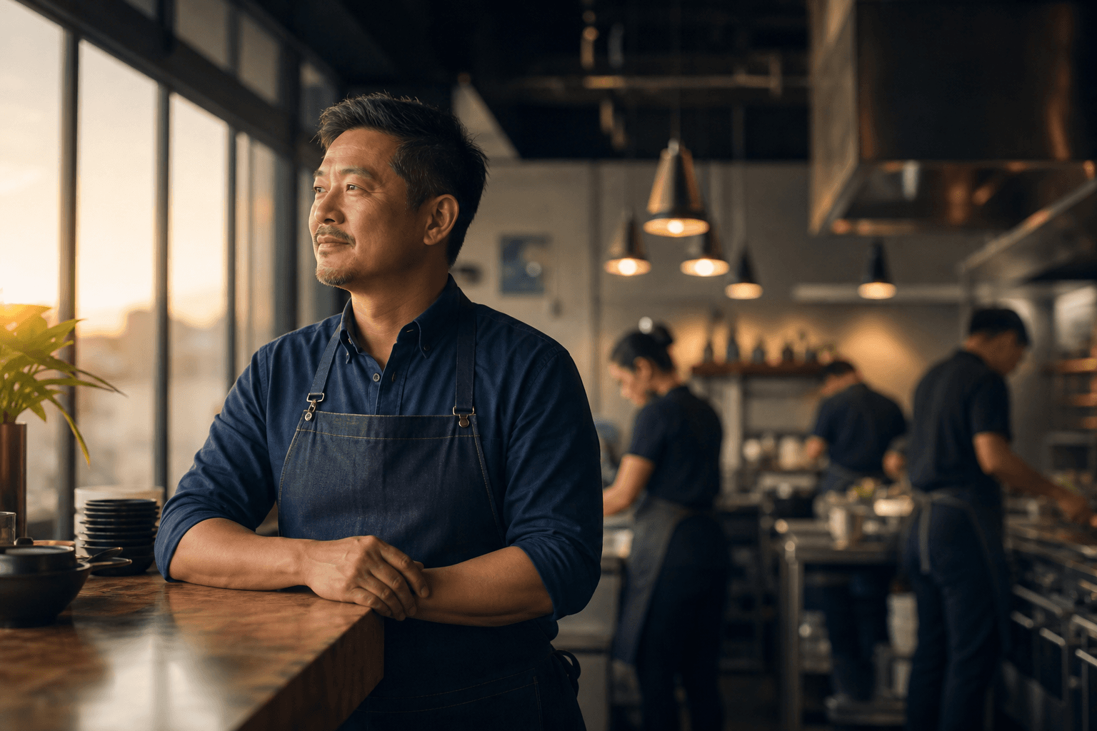 A business owner at dawn, calm and protected