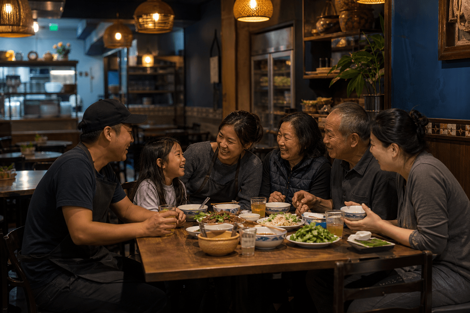 A Vietnamese-American family sharing dinner at their own restaurant after closing